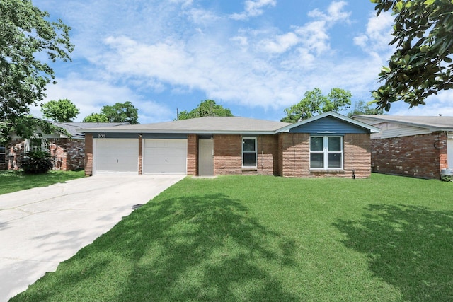 single story home with driveway, a garage, a front yard, and brick siding