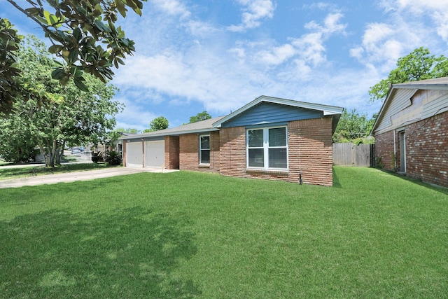 ranch-style house featuring driveway, an attached garage, and brick siding