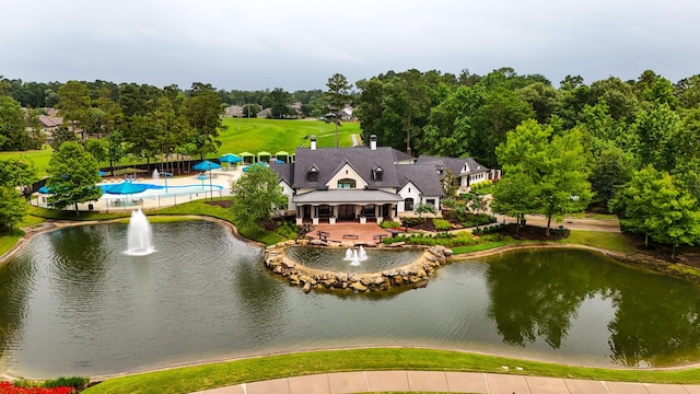 aerial view of a large body of water and a pool