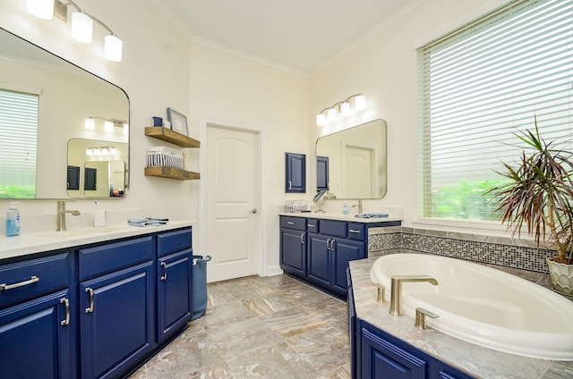 1523 Cafe Dumonde, Conroe, TX 77304 - bathroom with ornamental molding, two vanities, and a garden tub