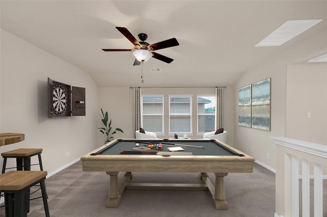 recreation room featuring carpet flooring, lofted ceiling, a ceiling fan, baseboards, and pool table