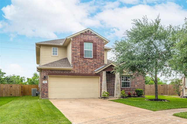 traditional-style house with a garage, brick siding, driveway, roof with shingles, and central air condition unit