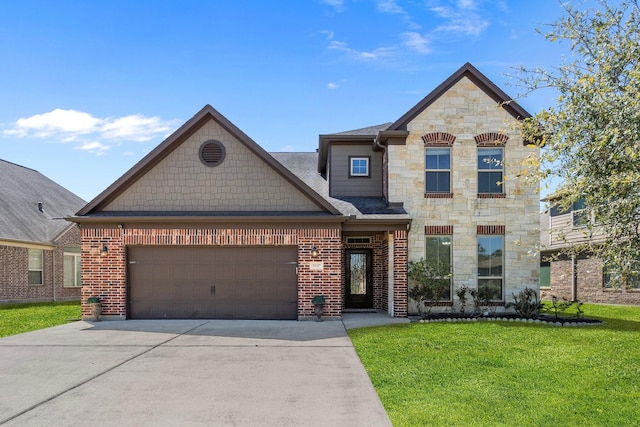 19107 Egret Glen Ct, Cypress, TX 77429 - french country style house featuring concrete driveway, a front yard, an attached garage, and brick siding