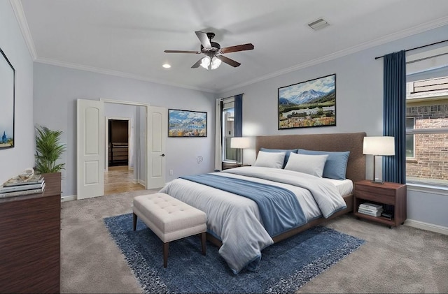19107 Egret Glen Ct, Cypress, TX 77429 - bedroom with carpet flooring, baseboards, ornamental molding, ceiling fan, and recessed lighting