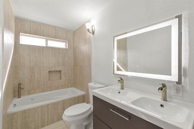 bathroom featuring toilet, double vanity, and tiled shower / bath