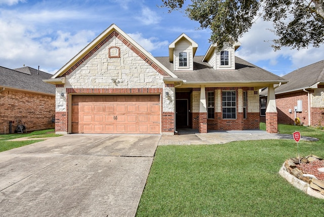 1049 Misty Clf, Dickinson, TX 77539 - view of front facade featuring an attached garage, stone siding, concrete driveway, a front lawn, and covered porch
