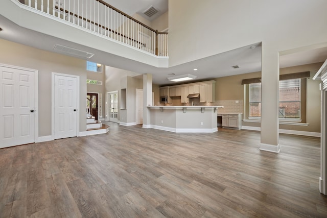 unfurnished living room featuring plenty of natural light, wood finished floors, a towering ceiling, and baseboards