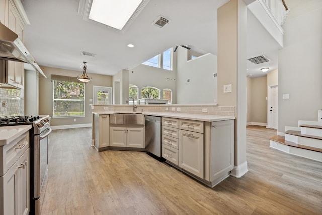 kitchen with appliances with stainless steel finishes, a sink, light countertops, tasteful backsplash, and light wood-style flooring