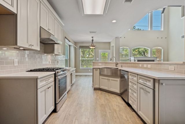 kitchen featuring stainless steel appliances, under cabinet range hood, a sink, light wood-type flooring, and healthy amount of natural light