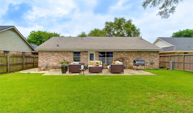 3711 Clover Meadows St, Pasadena, TX 77505 - rear view of property featuring outdoor lounge area, brick siding, a patio area, and a shingled roof