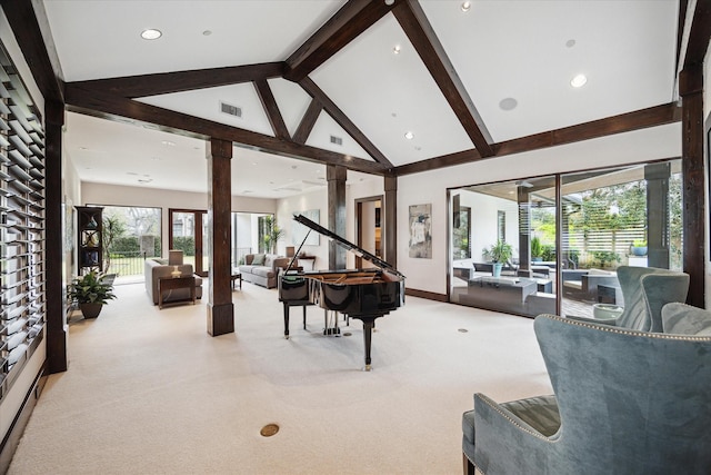 living area with carpet flooring, beam ceiling, high vaulted ceiling, baseboards, and recessed lighting