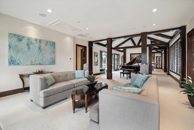 carpeted living room featuring plenty of natural light, recessed lighting, and baseboards