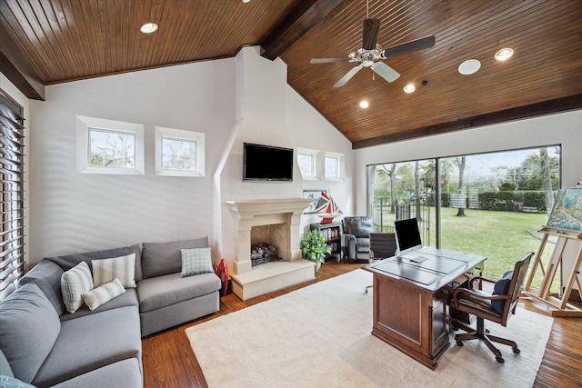 home office with wood ceiling, a fireplace, healthy amount of natural light, recessed lighting, and a ceiling fan