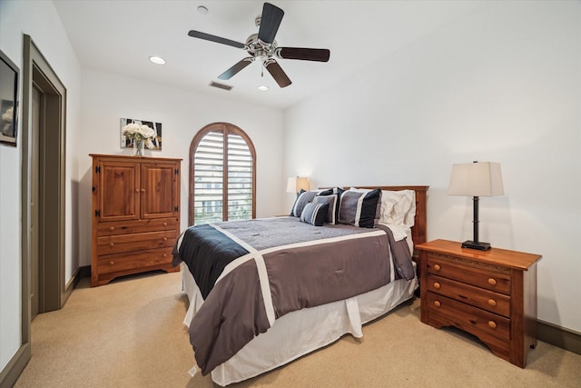 bedroom with light colored carpet, ceiling fan, recessed lighting, and baseboards