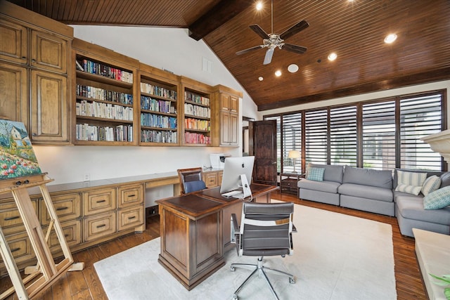 home office with built in desk, wooden ceiling, a ceiling fan, wood finished floors, and beam ceiling