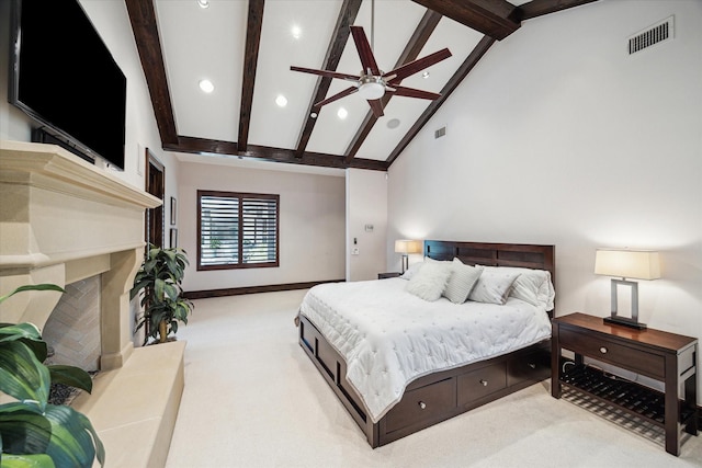 bedroom with carpet, recessed lighting, beam ceiling, baseboards, and high vaulted ceiling