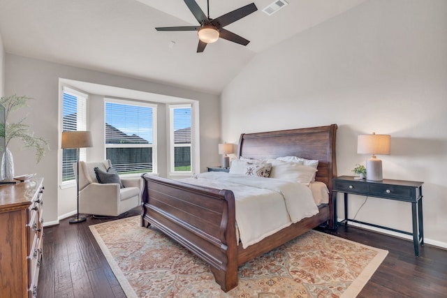 9962 Ash Creek Ct, Brookshire, TX 77423 - bedroom with dark wood-style flooring, baseboards, a ceiling fan, and high vaulted ceiling