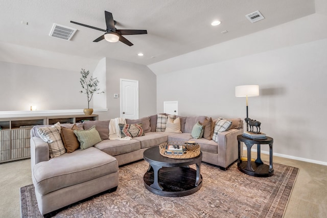 9962 Ash Creek Ct, Brookshire, TX 77423 - living area featuring ceiling fan, carpet floors, vaulted ceiling, baseboards, and recessed lighting