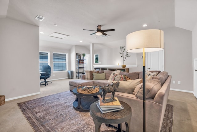 9962 Ash Creek Ct, Brookshire, TX 77423 - living room featuring carpet floors, attic access, recessed lighting, a ceiling fan, and baseboards