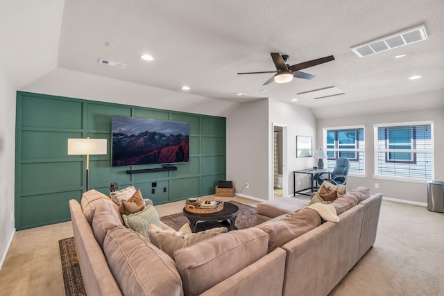 9962 Ash Creek Ct, Brookshire, TX 77423 - living area featuring light carpet, lofted ceiling, baseboards, ceiling fan, and recessed lighting