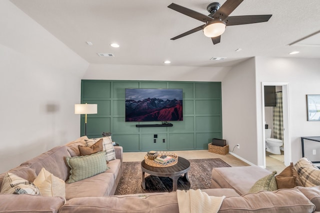 9962 Ash Creek Ct, Brookshire, TX 77423 - living room featuring ceiling fan, vaulted ceiling, recessed lighting, and baseboards