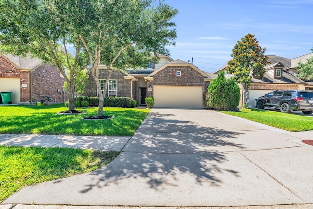 9962 Ash Creek Ct, Brookshire, TX 77423 - view of front of house with an attached garage, concrete driveway, a front yard, and brick siding
