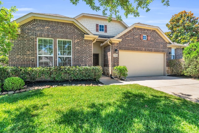 9962 Ash Creek Ct, Brookshire, TX 77423 - traditional-style house with an attached garage, a front lawn, driveway, and brick siding