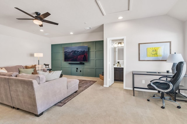 9962 Ash Creek Ct, Brookshire, TX 77423 - carpeted living area with recessed lighting, a ceiling fan, vaulted ceiling, and an office area