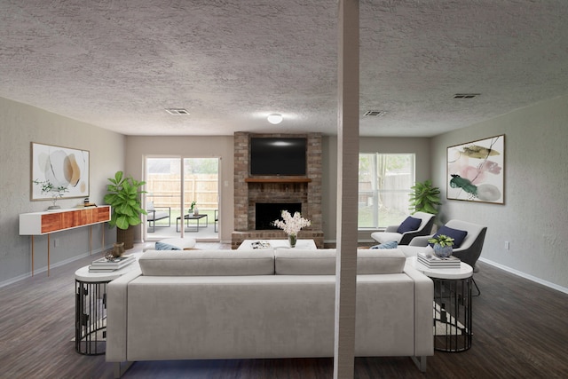 5935 Caruso Forest Dr, Houston, TX 77088 - living room with wood finished floors, baseboards, a fireplace, healthy amount of natural light, and a textured ceiling