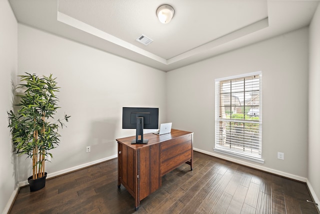 27916 Seger Bend Trl, Spring, TX 77386 - office area with a raised ceiling, baseboards, and dark wood-style floors
