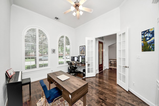 office space featuring french doors, wood finished floors, crown molding, baseboards, and a ceiling fan