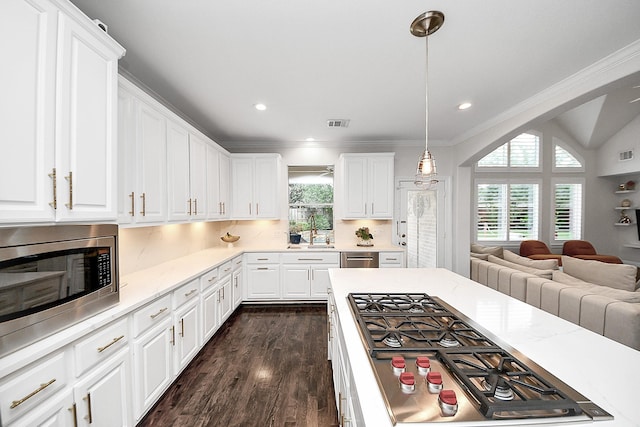 kitchen with appliances with stainless steel finishes, a sink, open floor plan, ornamental molding, and dark wood-style flooring