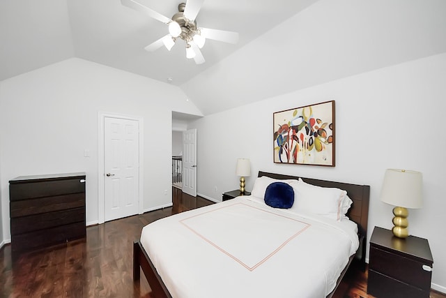 bedroom featuring vaulted ceiling, wood finished floors, and ceiling fan