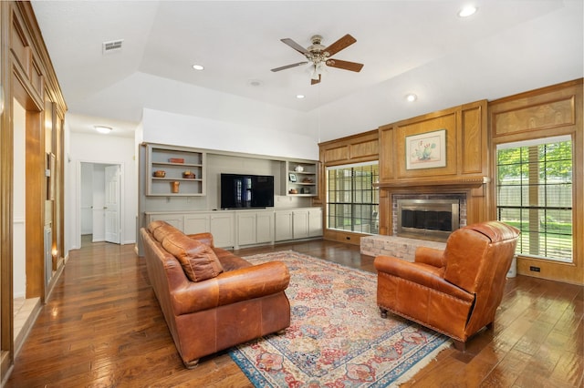 12915 Lake Mist Dr, Cypress, TX 77429 - living area featuring hardwood / wood-style flooring, a ceiling fan, recessed lighting, and a brick fireplace
