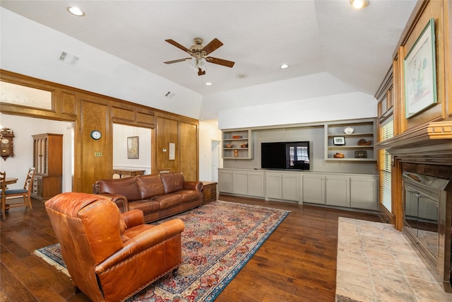 12915 Lake Mist Dr, Cypress, TX 77429 - living room with lofted ceiling, a ceiling fan, a glass covered fireplace, dark wood-style floors, and recessed lighting