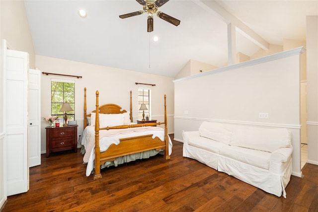 12915 Lake Mist Dr, Cypress, TX 77429 - bedroom featuring beamed ceiling, wood finished floors, recessed lighting, a ceiling fan, and high vaulted ceiling