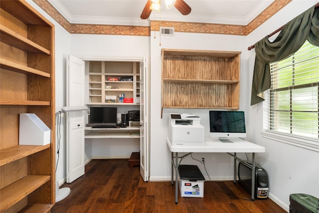 12915 Lake Mist Dr, Cypress, TX 77429 - office featuring ornamental molding, built in desk, a ceiling fan, dark wood finished floors, and baseboards