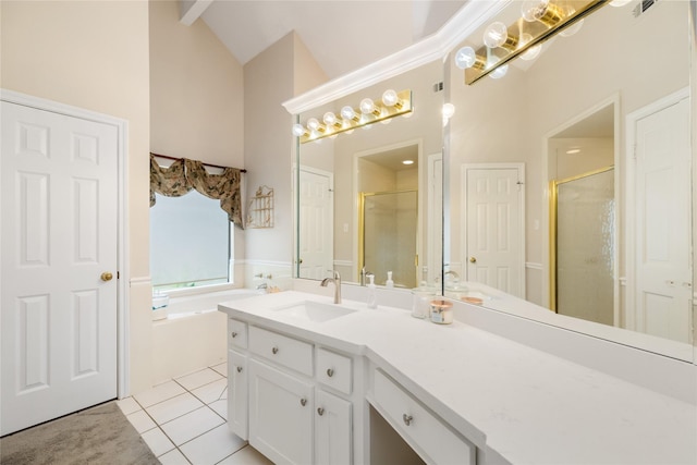 12915 Lake Mist Dr, Cypress, TX 77429 - full bath featuring high vaulted ceiling, a stall shower, a bath, vanity, and tile patterned flooring