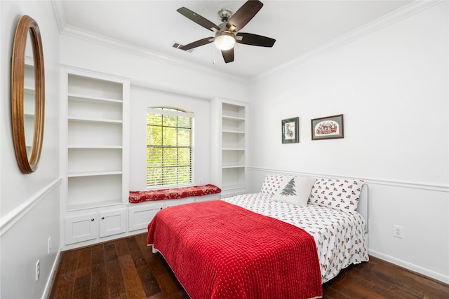 12915 Lake Mist Dr, Cypress, TX 77429 - bedroom featuring ornamental molding, dark wood-type flooring, baseboards, and a ceiling fan
