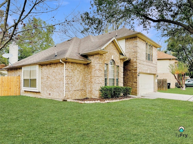 4142 Surreydon Dr, Houston, TX 77014 - view of front of house with an attached garage, driveway, brick siding, a shingled roof, and a chimney