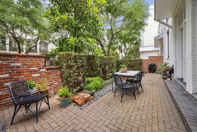 view of patio featuring a fenced backyard and outdoor dining space
