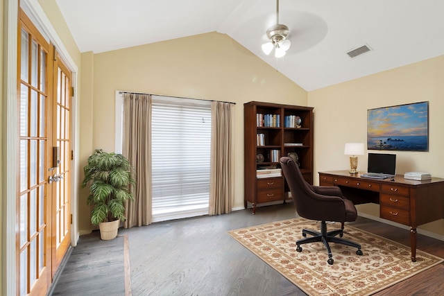 office space with wood finished floors, ceiling fan, high vaulted ceiling, and baseboards