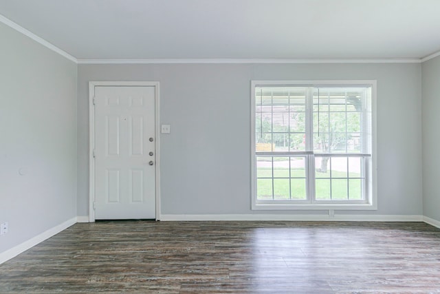 entrance foyer featuring baseboards, ornamental molding, and dark wood-style flooring
