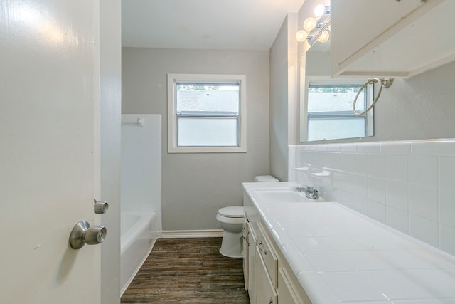 bathroom with toilet, vanity, and wood finished floors