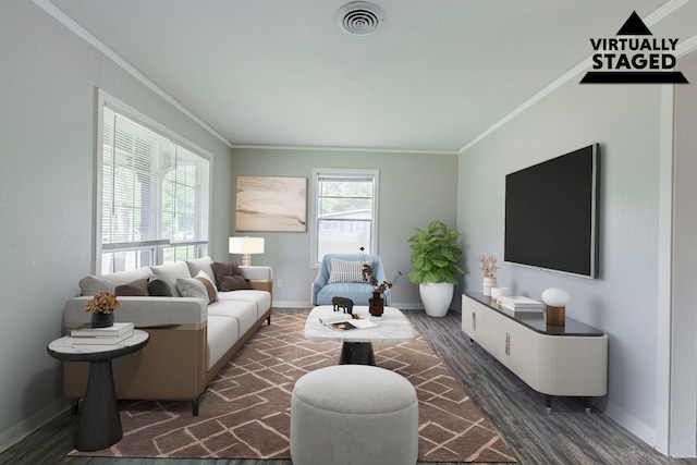 7150 Edgemoor Dr, Houston, TX 77074 - living room featuring ornamental molding, wood finished floors, and baseboards