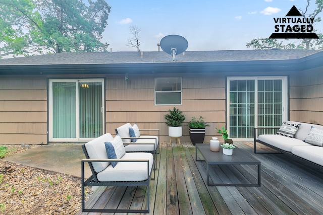 7150 Edgemoor Dr, Houston, TX 77074 - back of property with roof with shingles, outdoor lounge area, and a deck