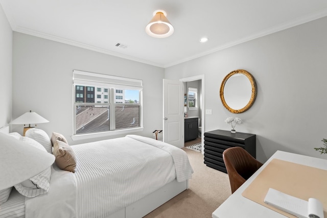 118 Reinerman St, Houston, TX 77007 - bedroom with ornamental molding, carpet flooring, a desk, and recessed lighting