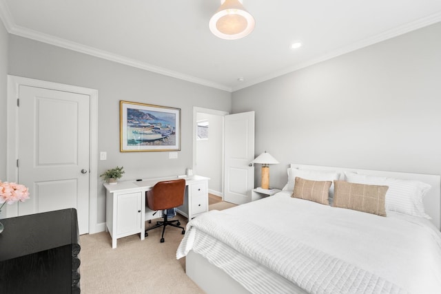 118 Reinerman St, Houston, TX 77007 - bedroom with crown molding, light colored carpet, a desk, baseboards, and recessed lighting