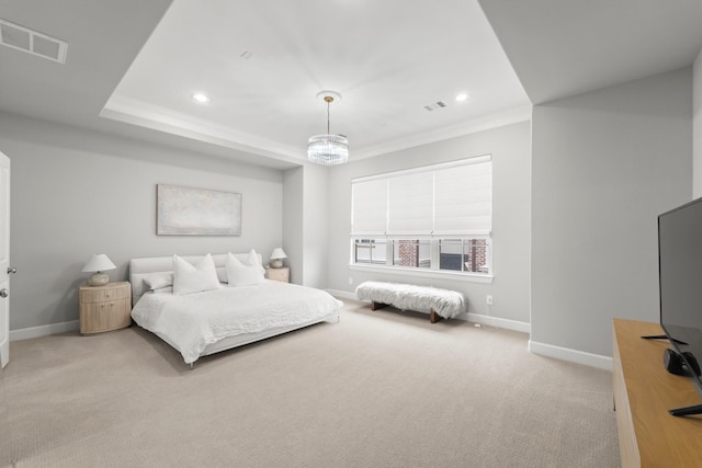 bedroom featuring baseboards, light carpet, recessed lighting, and ornamental molding