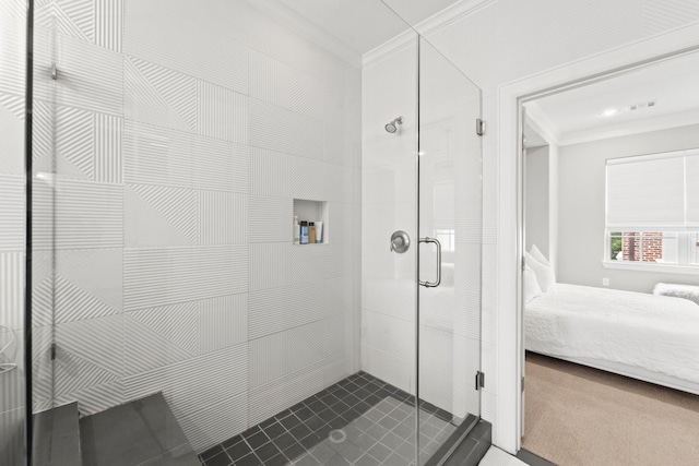 full bath with ornamental molding, a shower stall, and connected bathroom